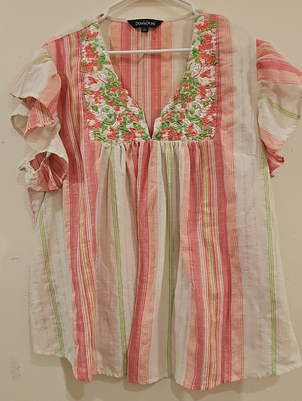 DAVI & DANI Coral, White & Lime Striped Embroidered V-Neck Blouse